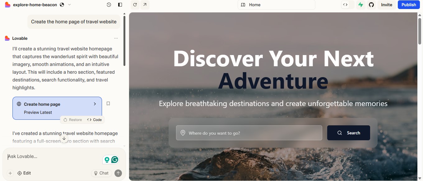 Lovable Prompt and Preview page